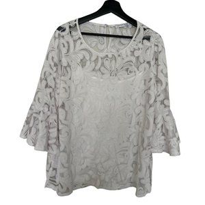 Notations Womens Overlay Lace Blouse Tank Undershirt Size 1X White 3/4 Bell Slee